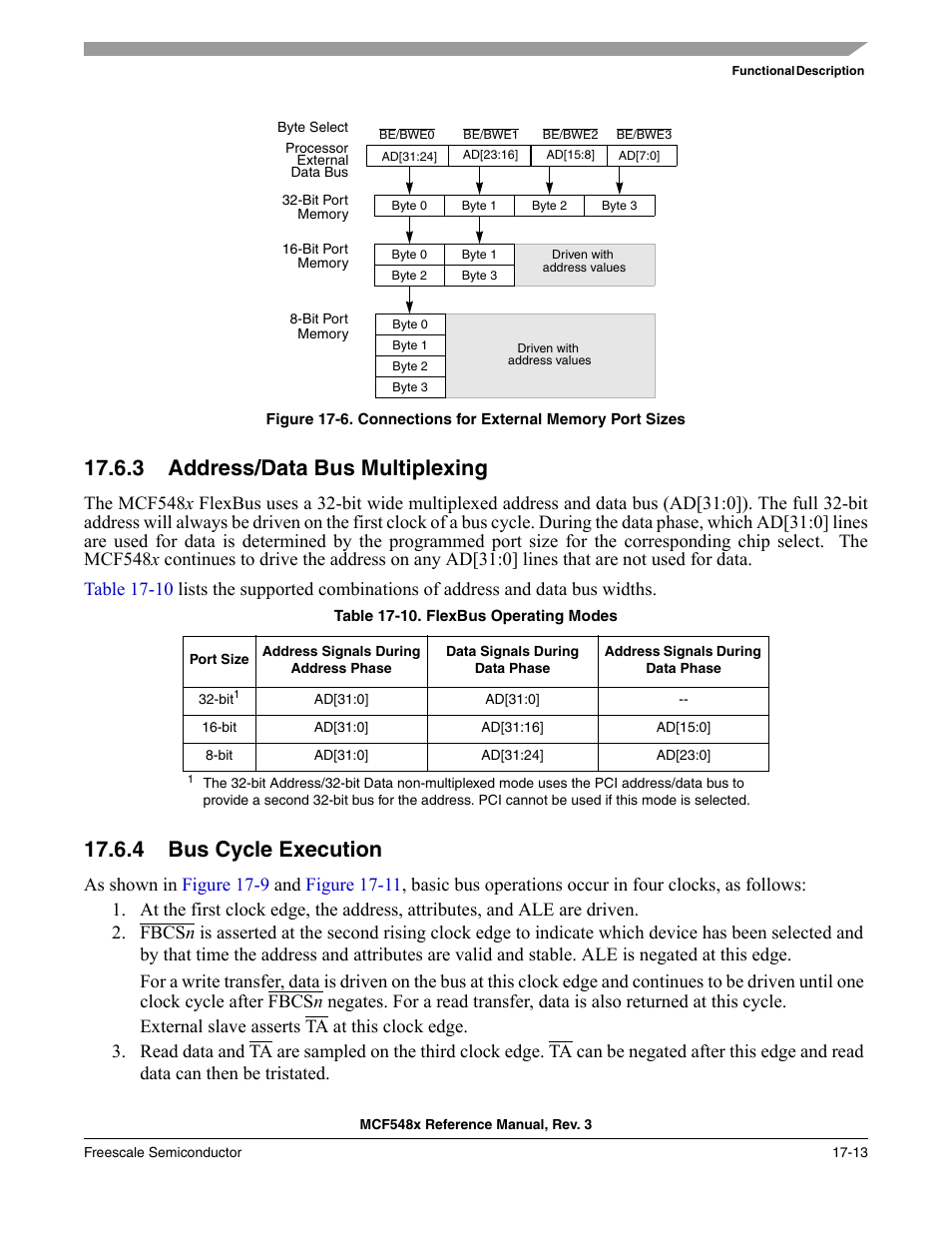 3 address/data bus multiplexing, 4 bus cycle execution, Address/data bus multiplexing -13 | Bus cycle execution -13, 0] to ad[31:16]. see, Figure 17-6 | Freescale Semiconductor MCF5480 User Manual | Page 429 / 1032