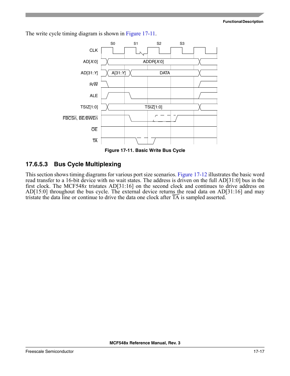 3 bus cycle multiplexing, Bus cycle multiplexing -17, Figure 17-11 | Basic bus operations occur in | Freescale Semiconductor MCF5480 User Manual | Page 433 / 1032