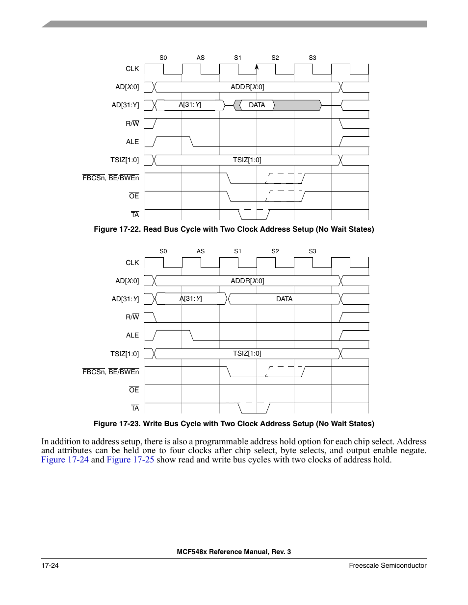 Latch enable (ale) is asserted, Figure 17-22, Figure 17-23 | Show read and wr | Freescale Semiconductor MCF5480 User Manual | Page 440 / 1032