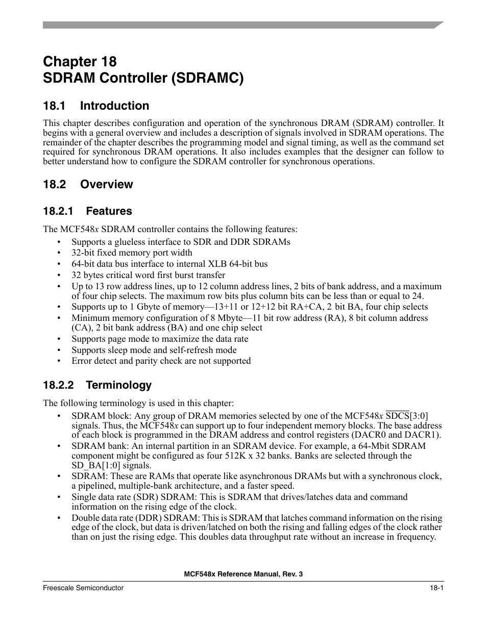 Chapter 18 sdram controller (sdramc), 1 introduction, 2 overview | 1 features, 2 terminology, Chapter 18, Sdram controller (sdramc), Introduction -1, Overview -1, Features -1 | Freescale Semiconductor MCF5480 User Manual | Page 449 / 1032