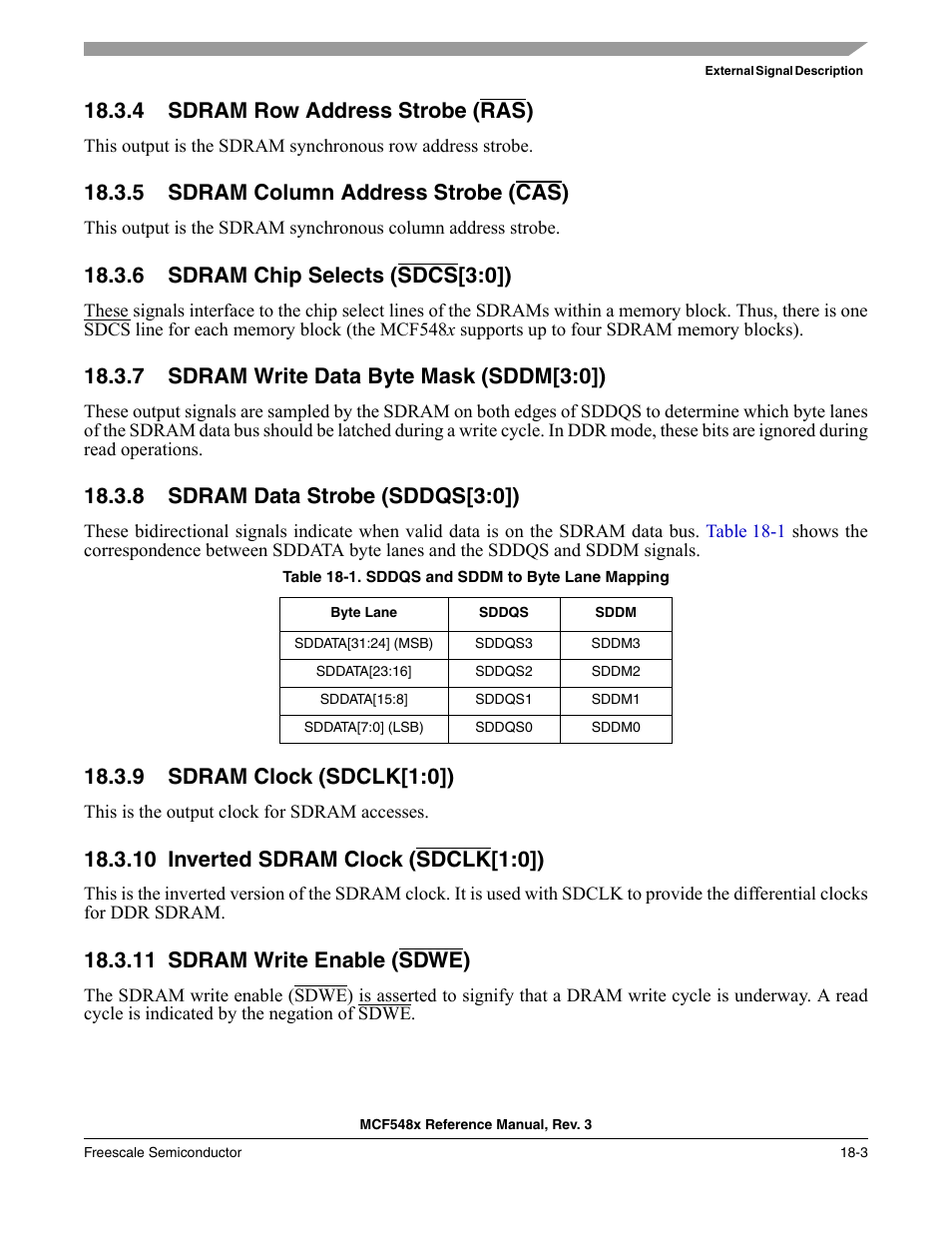 4 sdram row address strobe (ras), 5 sdram column address strobe (cas), 6 sdram chip selects (sdcs[3:0]) | 7 sdram write data byte mask (sddm[3:0]), 8 sdram data strobe (sddqs[3:0]), 9 sdram clock (sdclk[1:0]), 10 inverted sdram clock (sdclk[1:0]), 11 sdram write enable (sdwe), Sdram row address strobe (ras, Sdram column address strobe (cas | Freescale Semiconductor MCF5480 User Manual | Page 451 / 1032