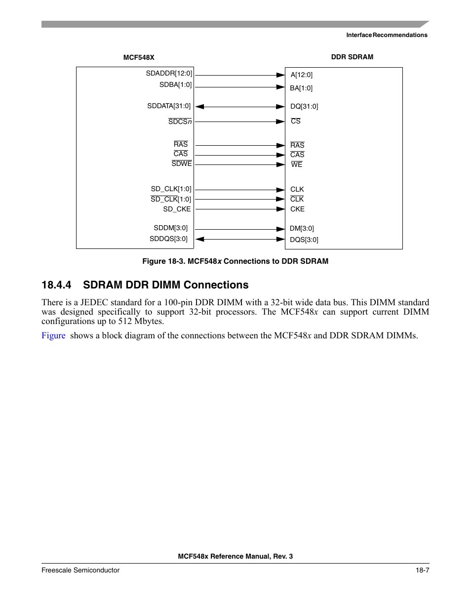 4 sdram ddr dimm connections, Sdram ddr dimm connections -7, Figure 18-3 | Shows a block diagram of the | Freescale Semiconductor MCF5480 User Manual | Page 455 / 1032