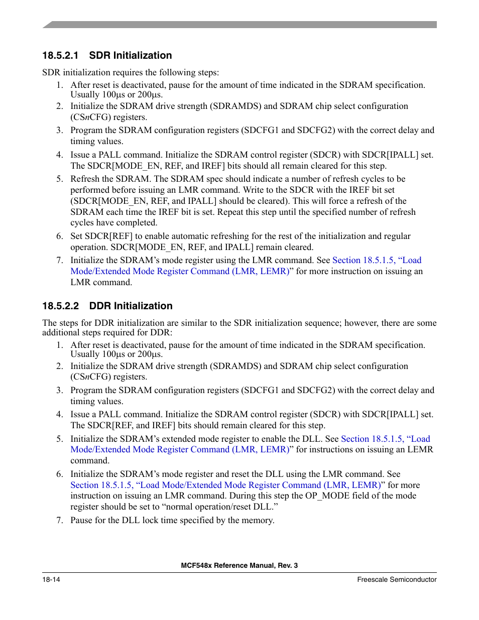 1 sdr initialization, 2 ddr initialization, Sdr initialization -14 | Ddr initialization -14 | Freescale Semiconductor MCF5480 User Manual | Page 462 / 1032
