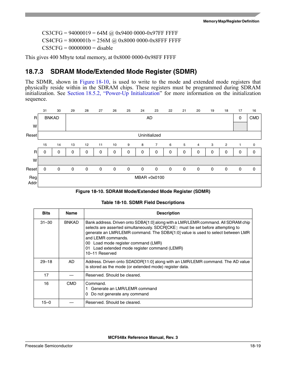 3 sdram mode/extended mode register (sdmr), Sdram mode/extended mode register (sdmr) -19, Section 18.7.3, “sdram mode/extended | Mode register (sdmr) | Freescale Semiconductor MCF5480 User Manual | Page 467 / 1032