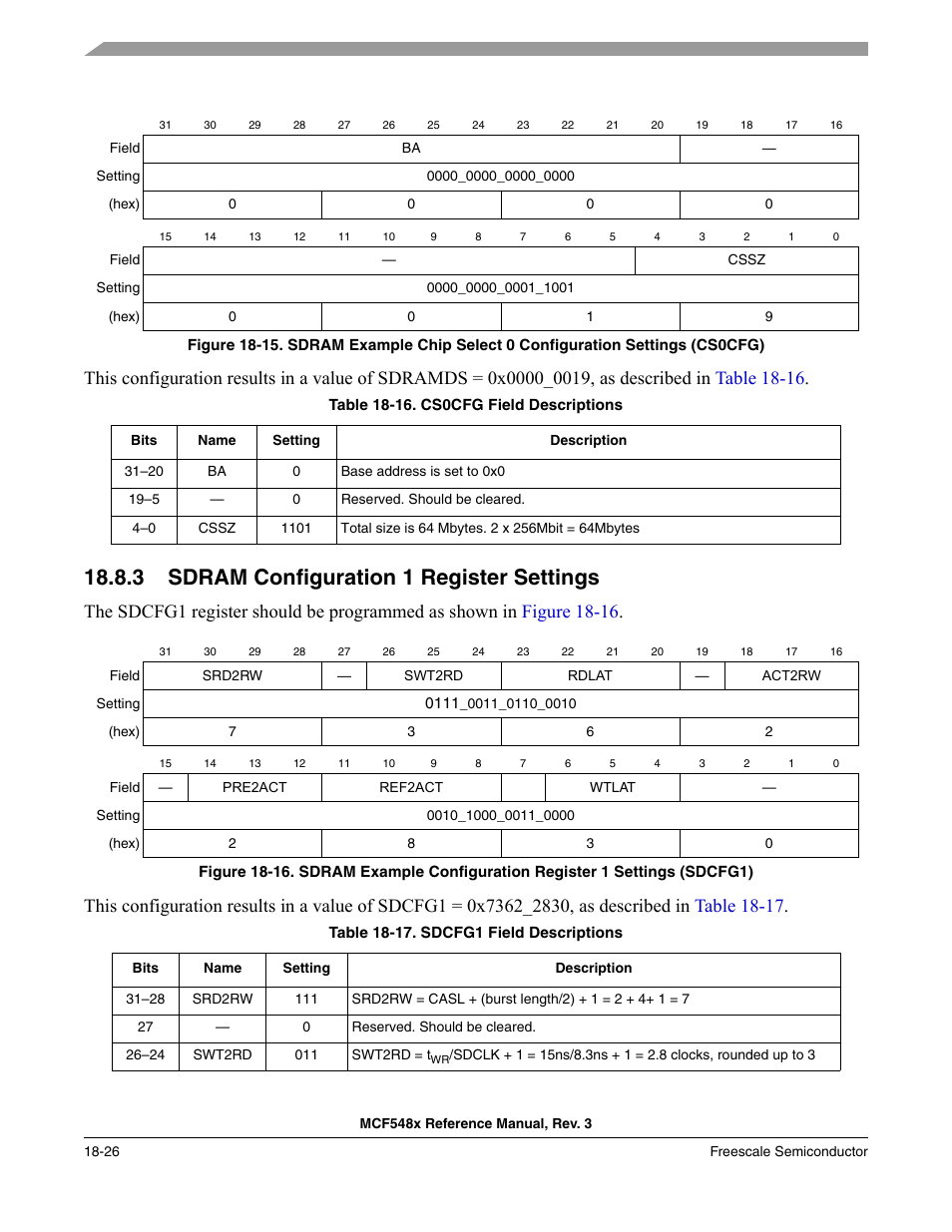 3 sdram configuration 1 register settings, Sdram configuration 1 register settings -26, Figure 18-15 | Freescale Semiconductor MCF5480 User Manual | Page 474 / 1032