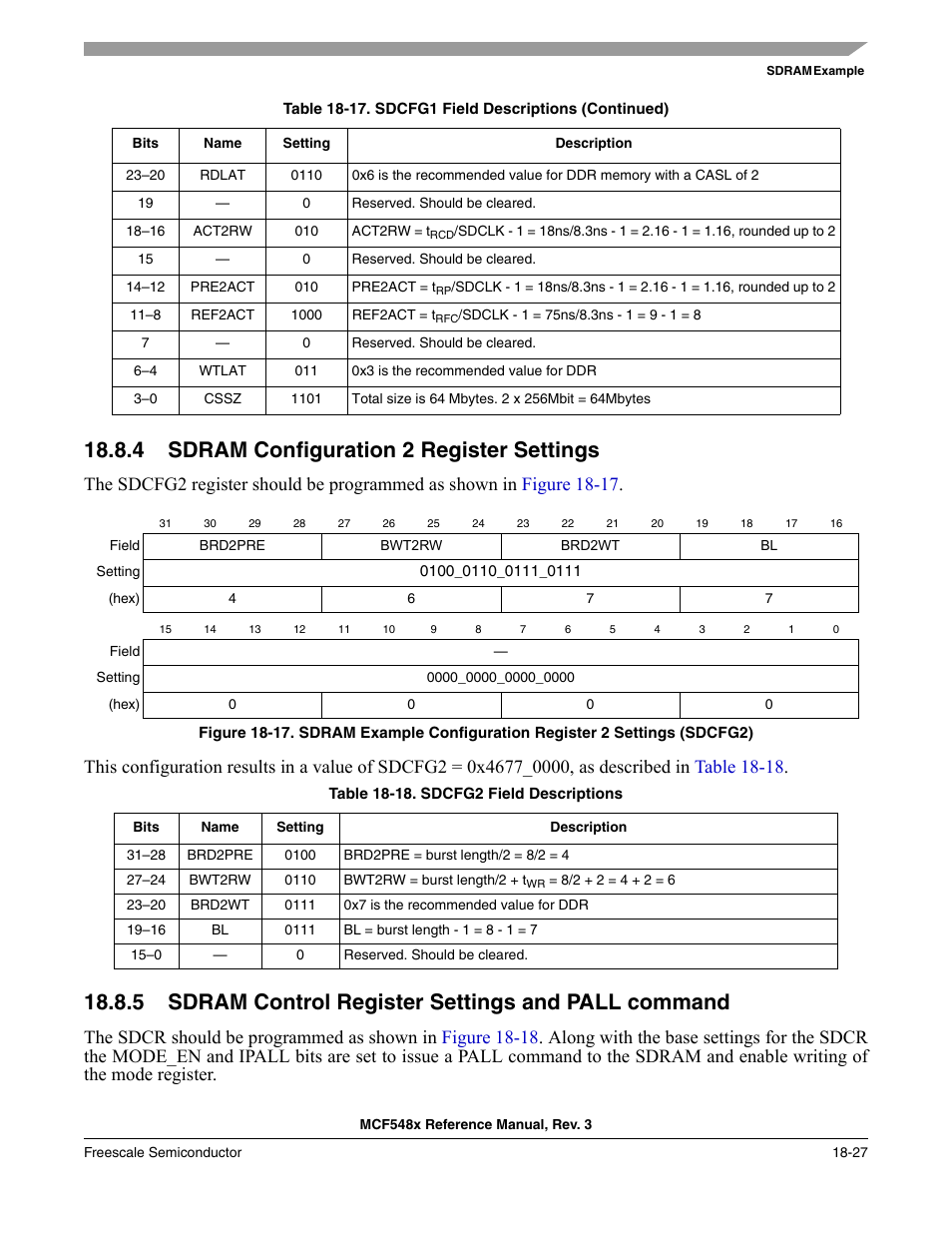 4 sdram configuration 2 register settings, 5 sdram control register settings and pall command, Sdram configuration 2 register settings -27 | Freescale Semiconductor MCF5480 User Manual | Page 475 / 1032