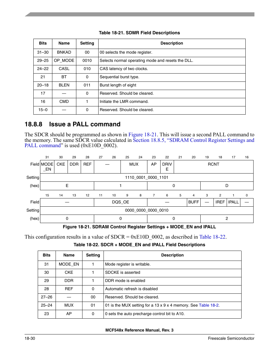 8 issue a pall command, Issue a pall command -30, Table 18-21 | Freescale Semiconductor MCF5480 User Manual | Page 478 / 1032