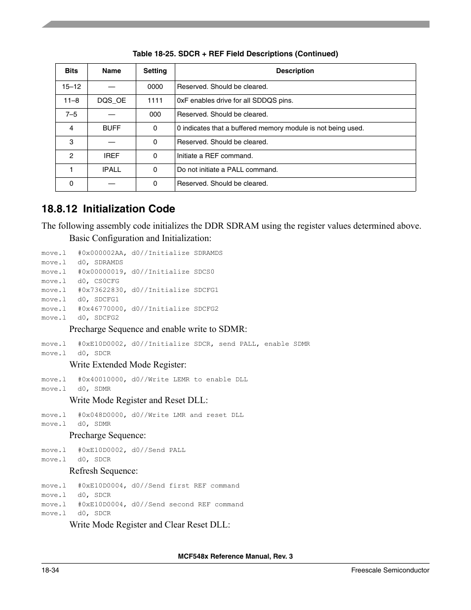 12 initialization code, Initialization code -34, Precharge sequence and enable write to sdmr | Write extended mode register, Write mode register and reset dll, Precharge sequence, Refresh sequence, Write mode register and clear reset dll | Freescale Semiconductor MCF5480 User Manual | Page 482 / 1032