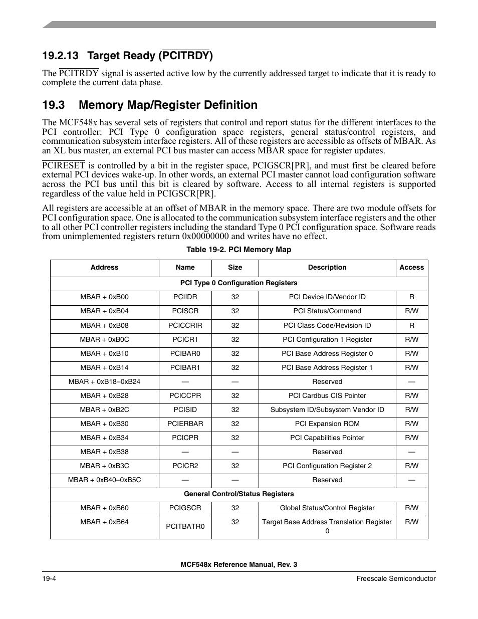 13 target ready (pcitrdy), 3 memory map/register definition, Target ready (pcitrdy) -4 | Memory map/register definition -4 | Freescale Semiconductor MCF5480 User Manual | Page 488 / 1032