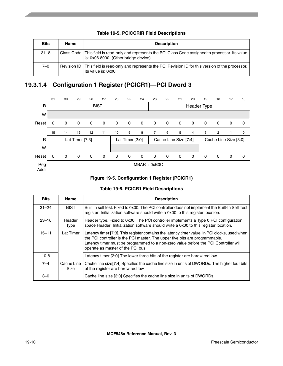 4 configuration 1 register (pcicr1)-pci dword 3, Configuration 1 register (pcicr1)—pci dword 3 -10, 4 configuration 1 register (pcicr1)—pci dword 3 | Freescale Semiconductor MCF5480 User Manual | Page 494 / 1032