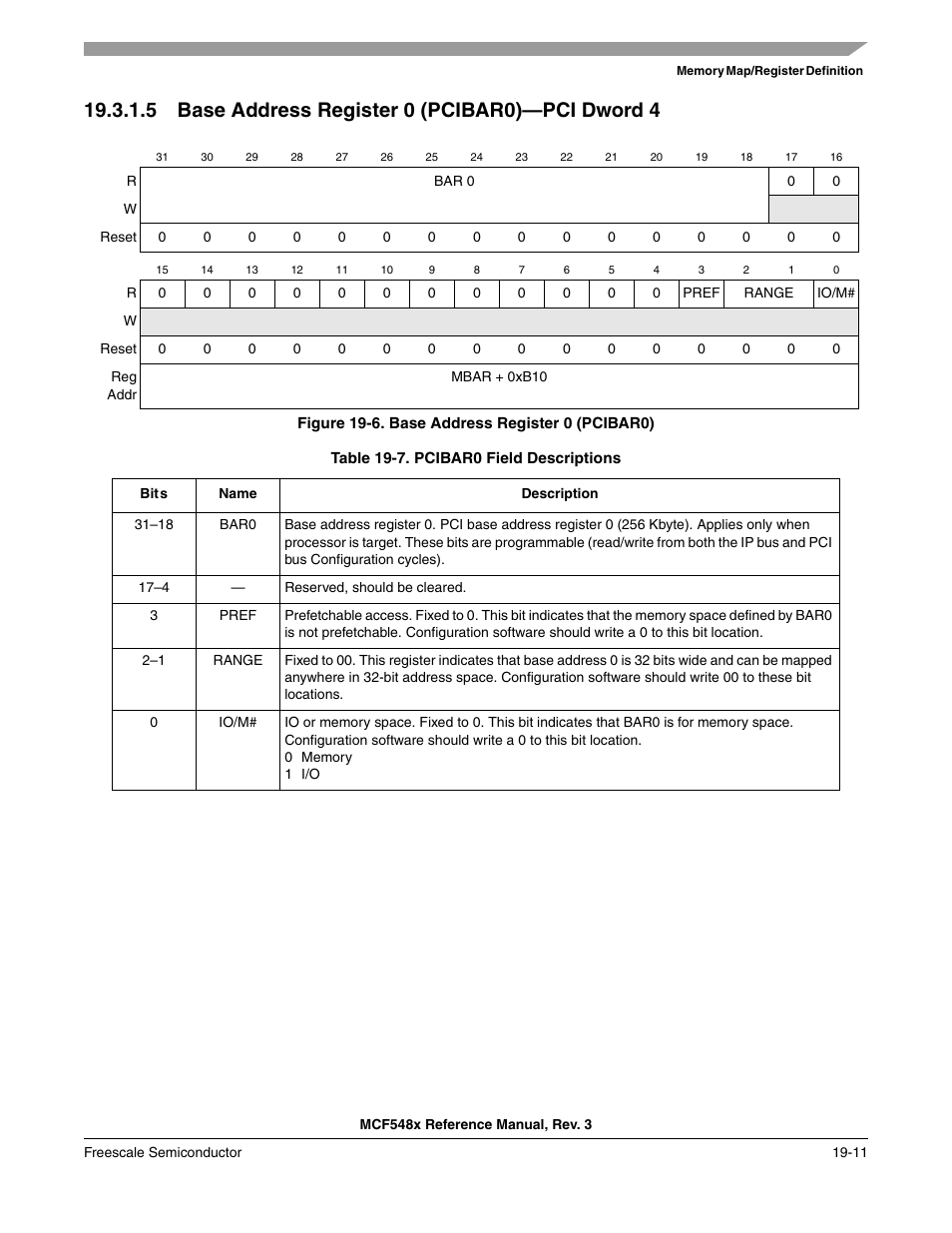 5 base address register 0 (pcibar0)-pci dword 4, Base address register 0 (pcibar0)—pci dword 4 -11, 5 base address register 0 (pcibar0)—pci dword 4 | Freescale Semiconductor MCF5480 User Manual | Page 495 / 1032