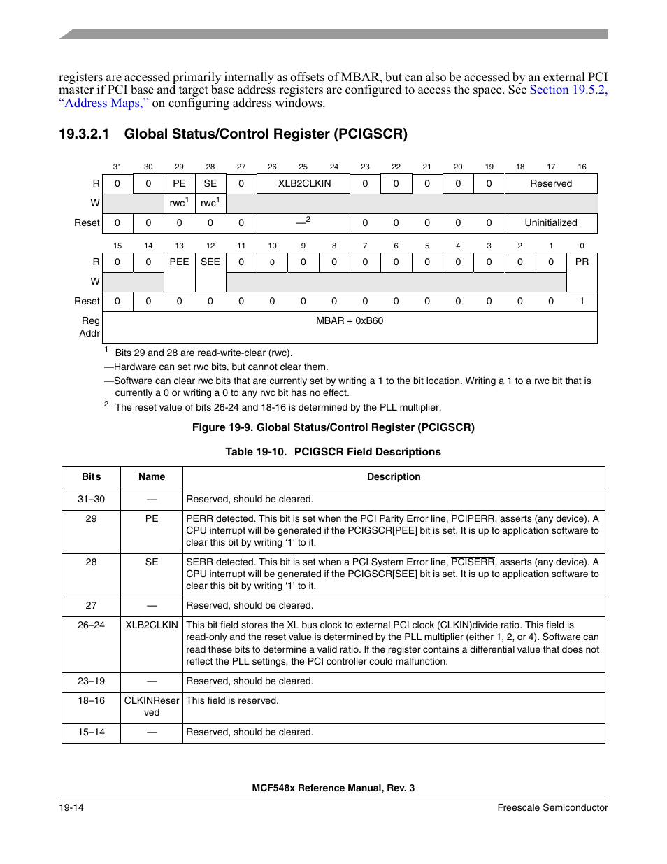 1 global status/control register (pcigscr), Global status/control register (pcigscr) -14 | Freescale Semiconductor MCF5480 User Manual | Page 498 / 1032