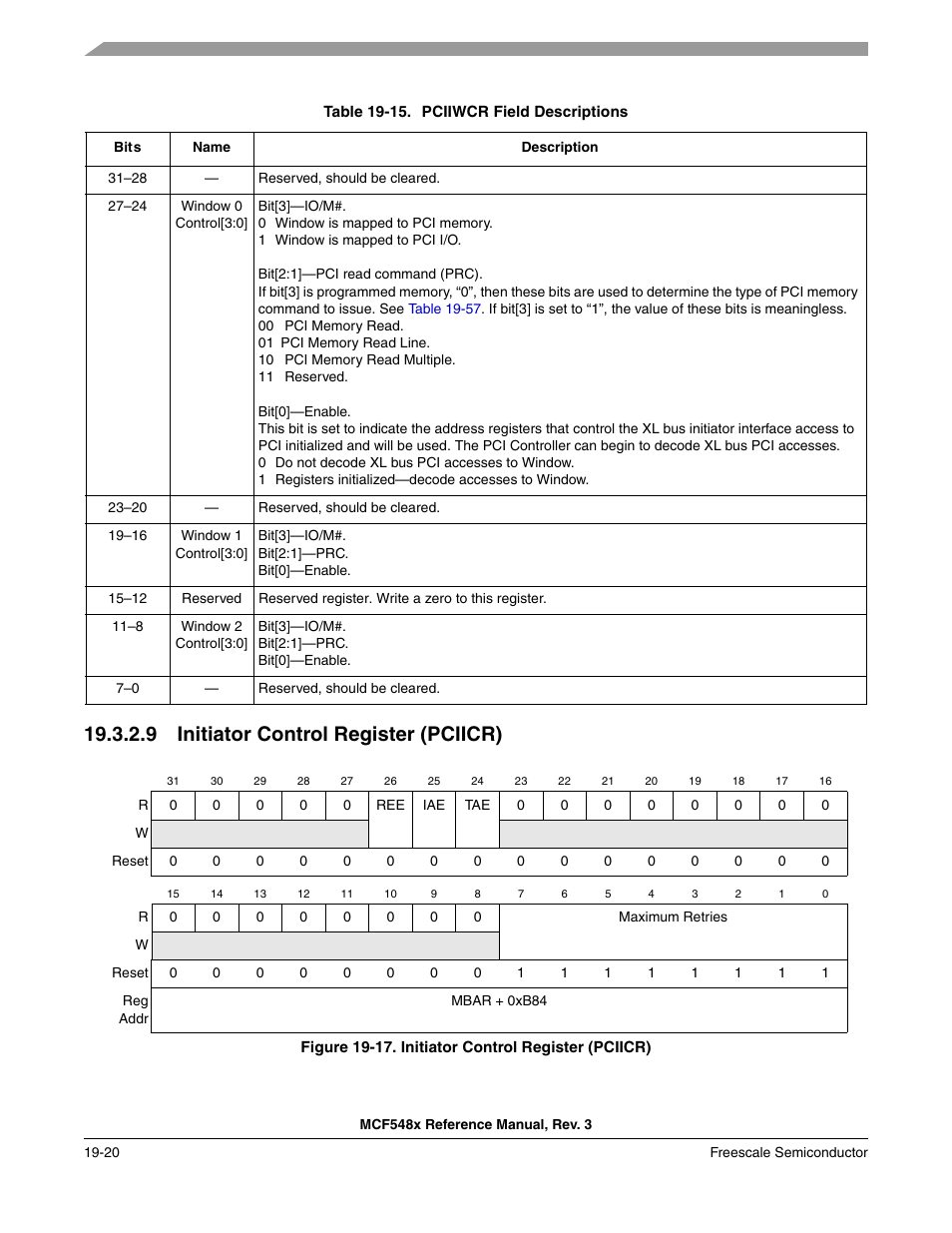 9 initiator control register (pciicr), Initiator control register (pciicr) -20 | Freescale Semiconductor MCF5480 User Manual | Page 504 / 1032