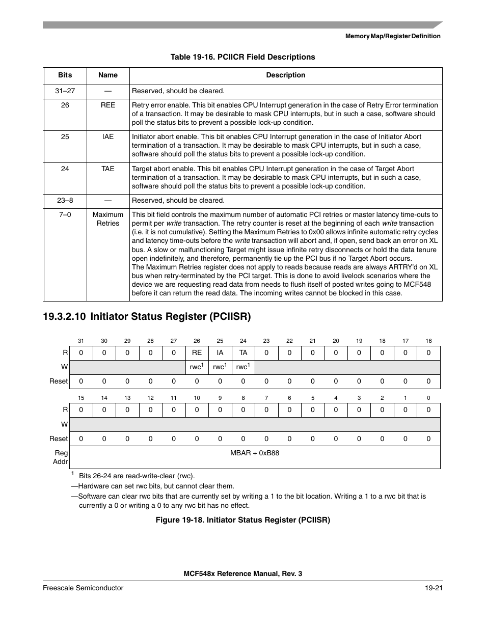 10 initiator status register (pciisr), Initiator status register (pciisr) -21 | Freescale Semiconductor MCF5480 User Manual | Page 505 / 1032