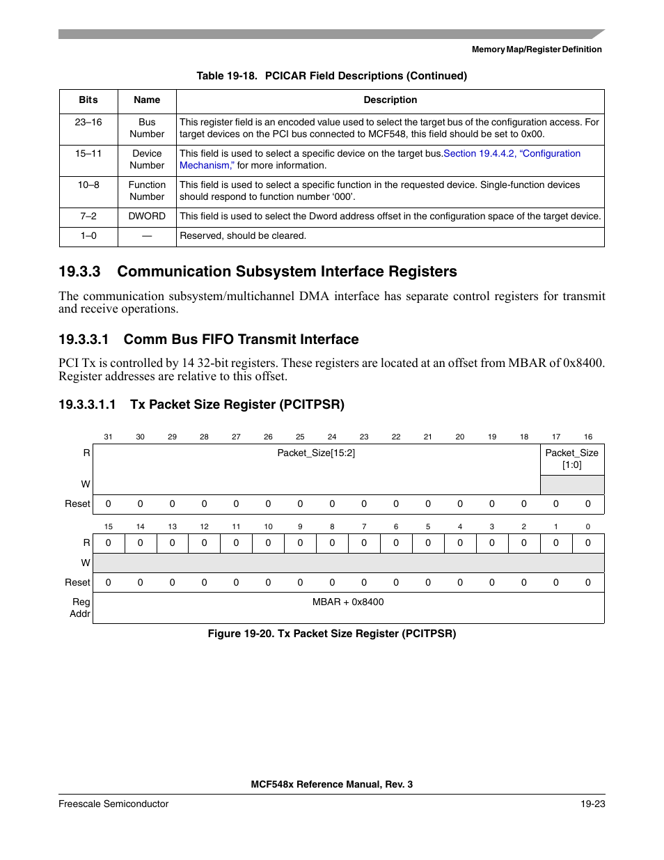 3 communication subsystem interface registers, 1 comm bus fifo transmit interface, 1 tx packet size register (pcitpsr) | Communication subsystem interface registers -23, Comm bus fifo transmit interface -23 | Freescale Semiconductor MCF5480 User Manual | Page 507 / 1032