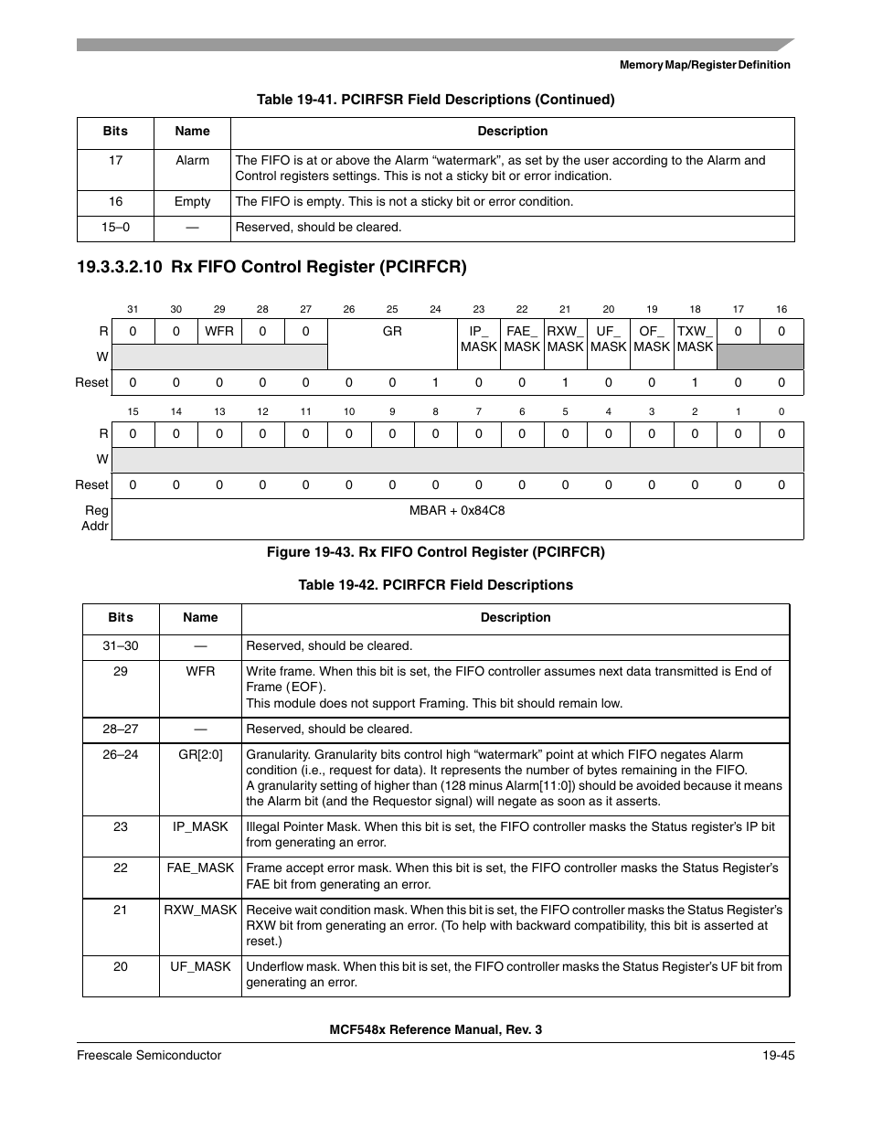 10 rx fifo control register (pcirfcr) | Freescale Semiconductor MCF5480 User Manual | Page 529 / 1032