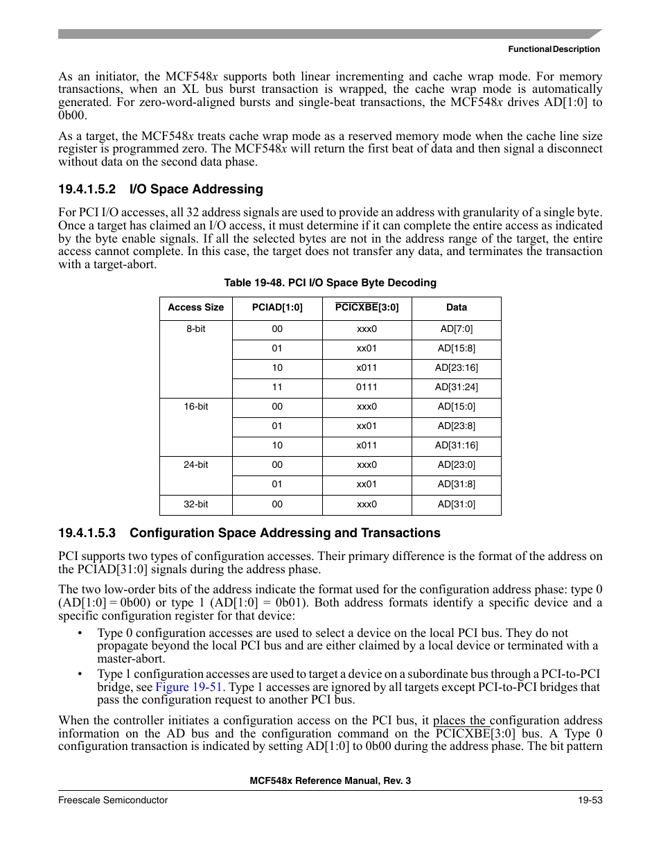 2 i/o space addressing, 3 configuration space addressing and transactions | Freescale Semiconductor MCF5480 User Manual | Page 537 / 1032
