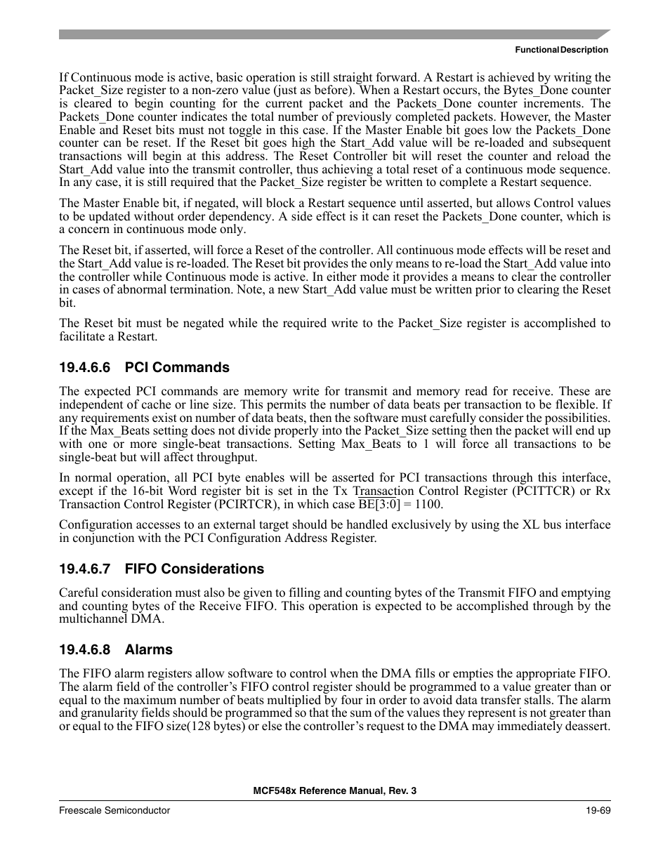 6 pci commands, 7 fifo considerations, 8 alarms | Pci commands -69, Fifo considerations -69, Alarms -69 | Freescale Semiconductor MCF5480 User Manual | Page 553 / 1032