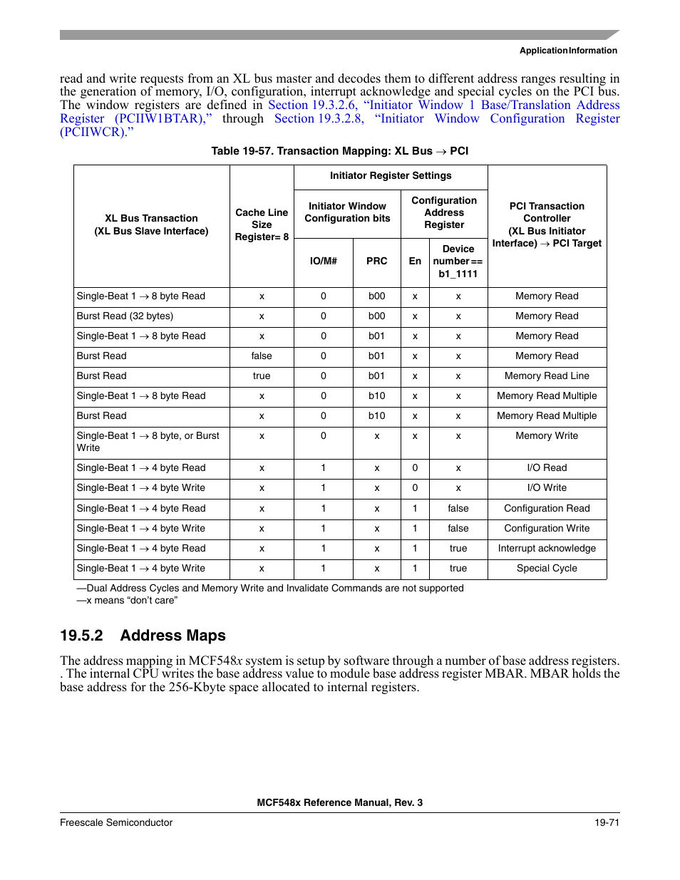 2 address maps, Address maps -71, Ctions on the pci bus. see | Section 19.5.2, “address maps | Freescale Semiconductor MCF5480 User Manual | Page 555 / 1032