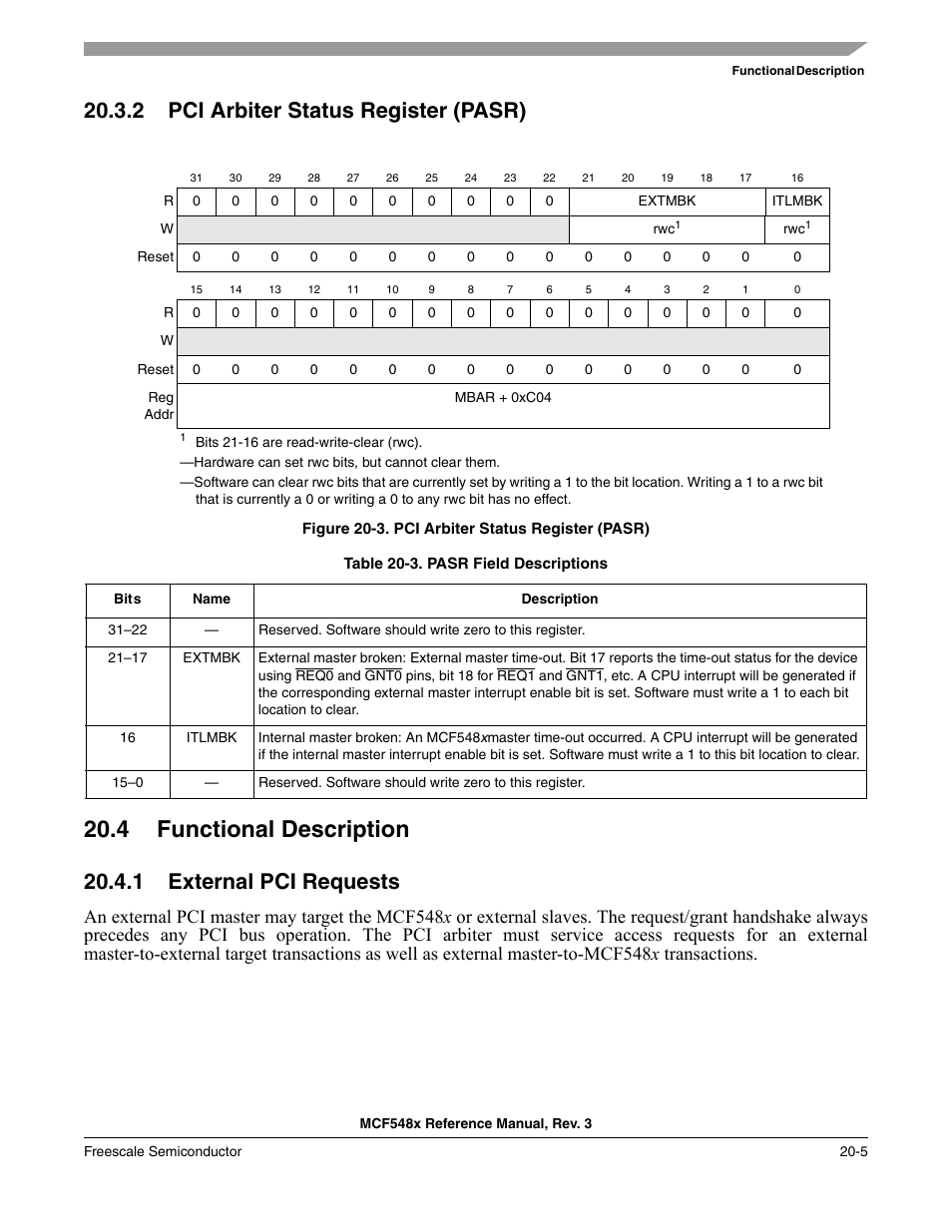 2 pci arbiter status register (pasr), 4 functional description, 1 external pci requests | Pci arbiter status register (pasr) -5, Functional description -5, External pci requests -5 | Freescale Semiconductor MCF5480 User Manual | Page 565 / 1032