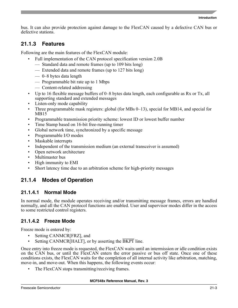 3 features, 4 modes of operation, 1 normal mode | 2 freeze mode, Features -3, Modes of operation -3, Normal mode -3, Freeze mode -3 | Freescale Semiconductor MCF5480 User Manual | Page 573 / 1032