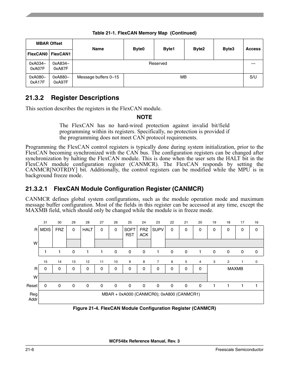 2 register descriptions, 1 flexcan module configuration register (canmcr), Register descriptions -6 | Flexcan module configuration register (canmcr) -6 | Freescale Semiconductor MCF5480 User Manual | Page 576 / 1032