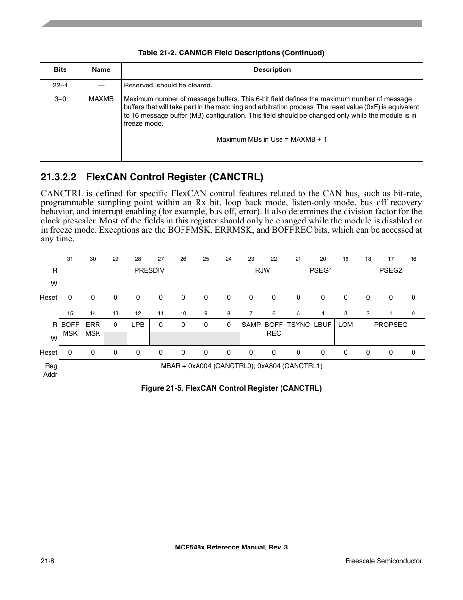 2 flexcan control register (canctrl), Flexcan control register (canctrl) -8 | Freescale Semiconductor MCF5480 User Manual | Page 578 / 1032