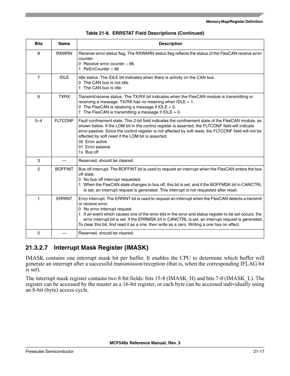 7 interrupt mask register (imask), Interrupt mask register (imask) -17 | Freescale Semiconductor MCF5480 User Manual | Page 587 / 1032