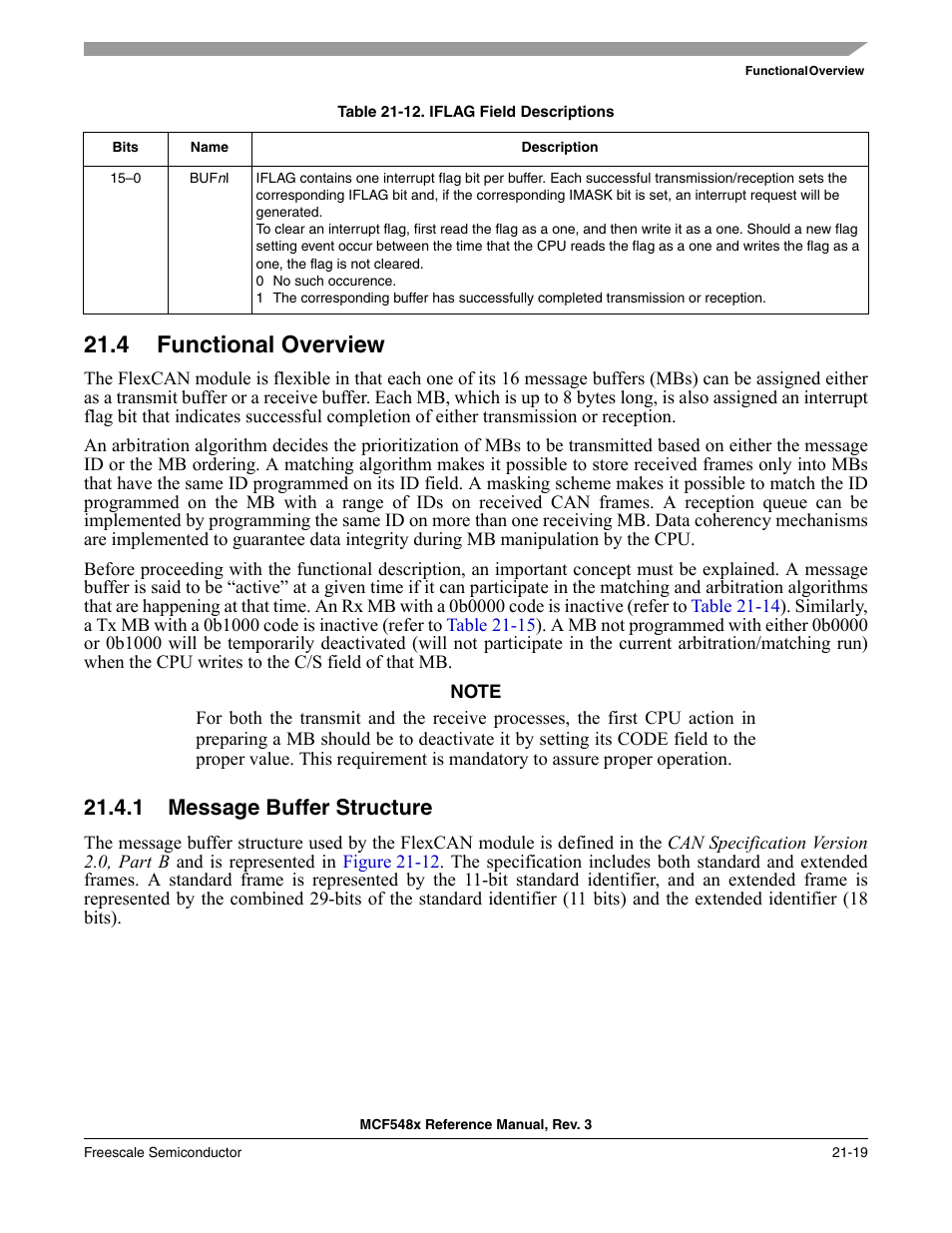 4 functional overview, 1 message buffer structure, Functional overview -19 | Message buffer structure -19, Table 21-12, Describes the iflag fields | Freescale Semiconductor MCF5480 User Manual | Page 589 / 1032