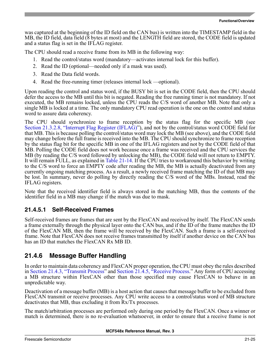 1 self-received frames, 6 message buffer handling, Self-received frames -25 | Message buffer handling -25 | Freescale Semiconductor MCF5480 User Manual | Page 595 / 1032