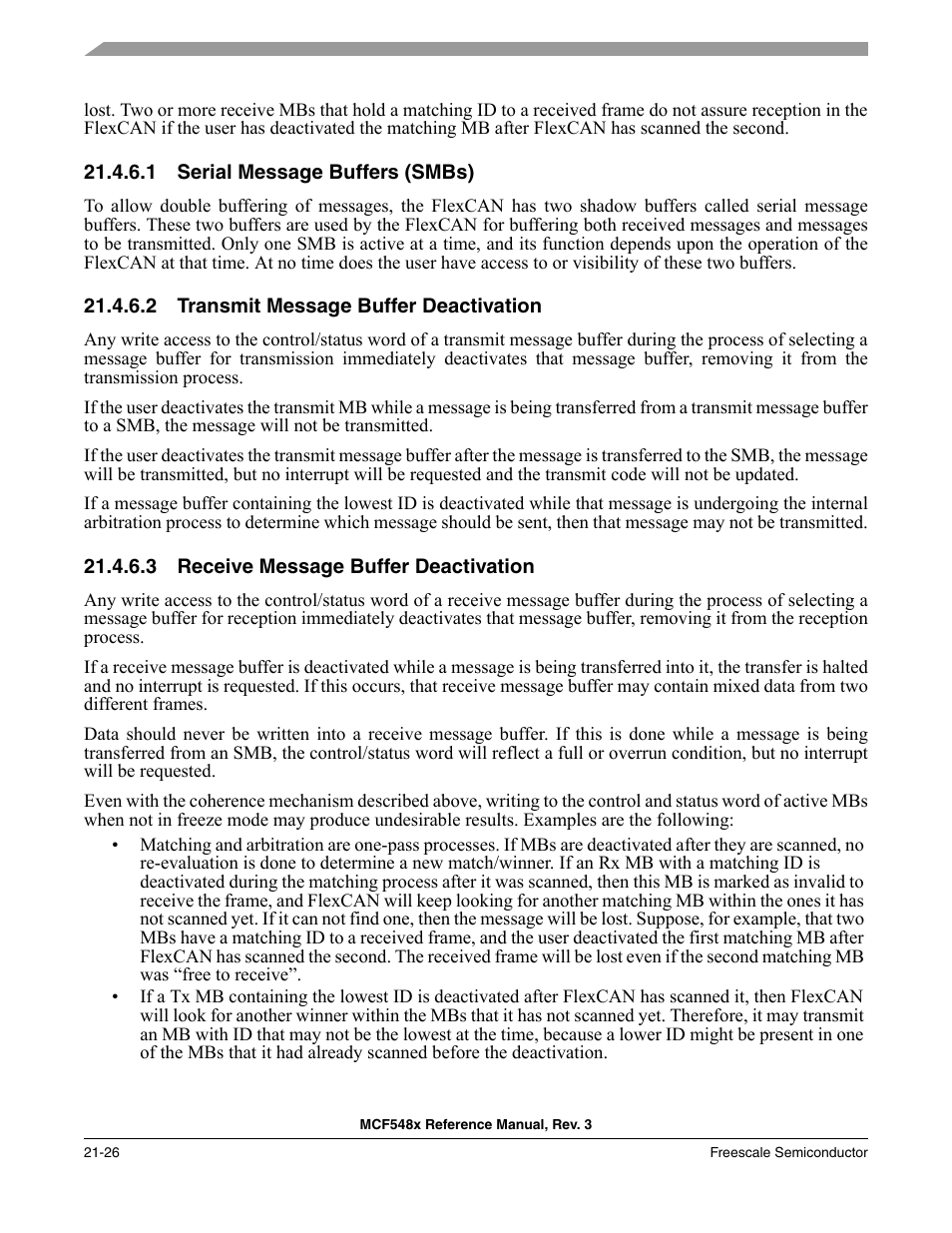 1 serial message buffers (smbs), 2 transmit message buffer deactivation, 3 receive message buffer deactivation | Serial message buffers (smbs) -26, Transmit message buffer deactivation -26, Receive message buffer deactivation -26 | Freescale Semiconductor MCF5480 User Manual | Page 596 / 1032