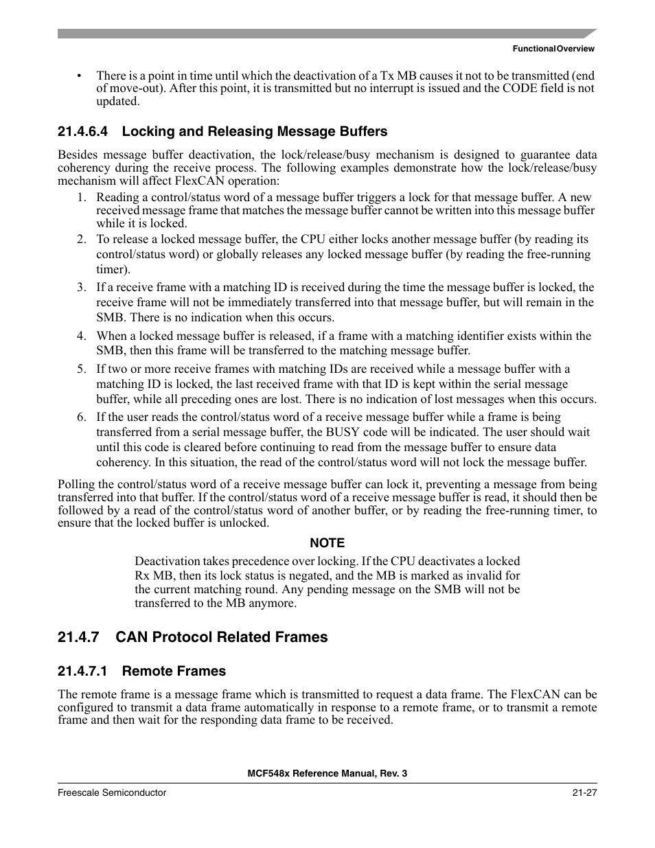 4 locking and releasing message buffers, 7 can protocol related frames, 1 remote frames | Locking and releasing message buffers -27, Can protocol related frames -27, Remote frames -27 | Freescale Semiconductor MCF5480 User Manual | Page 597 / 1032