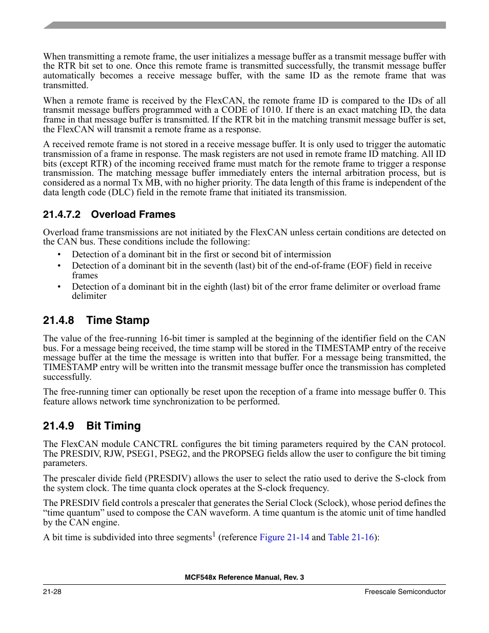2 overload frames, 8 time stamp, 9 bit timing | Overload frames -28, Time stamp -28, Bit timing -28 | Freescale Semiconductor MCF5480 User Manual | Page 598 / 1032
