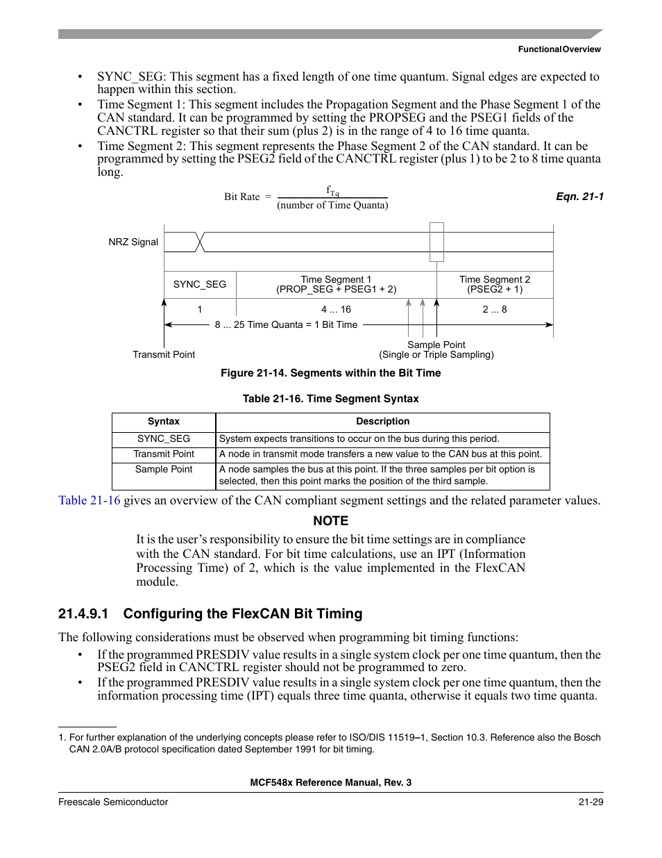 1 configuring the flexcan bit timing, Configuring the flexcan bit timing -29, Figure 21-14 | Table 21-16 | Freescale Semiconductor MCF5480 User Manual | Page 599 / 1032