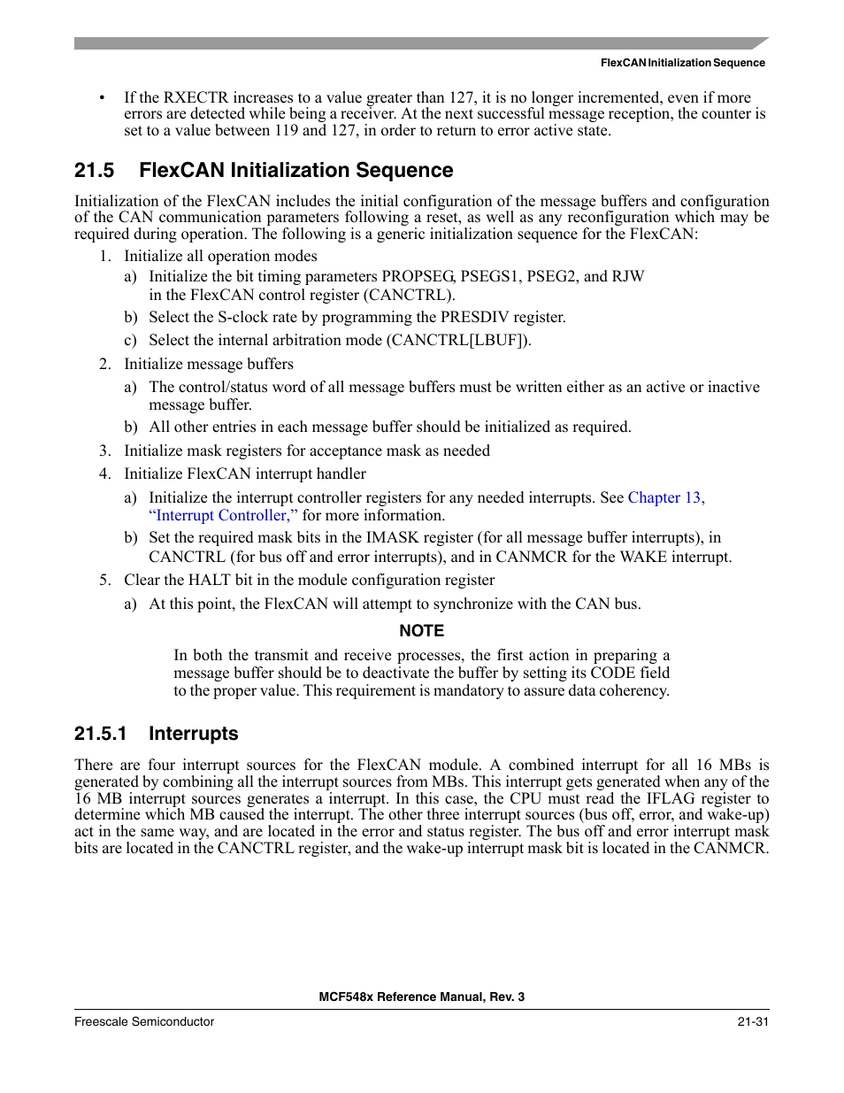 5 flexcan initialization sequence, 1 interrupts, Flexcan initialization sequence -31 | Interrupts -31 | Freescale Semiconductor MCF5480 User Manual | Page 601 / 1032