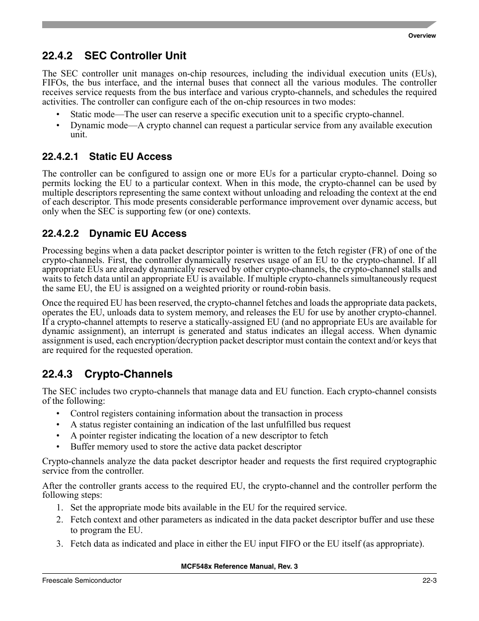 2 sec controller unit, 1 static eu access, 2 dynamic eu access | 3 crypto-channels, Sec controller unit -3, Static eu access -3, Dynamic eu access -3, Crypto-channels -3 | Freescale Semiconductor MCF5480 User Manual | Page 605 / 1032