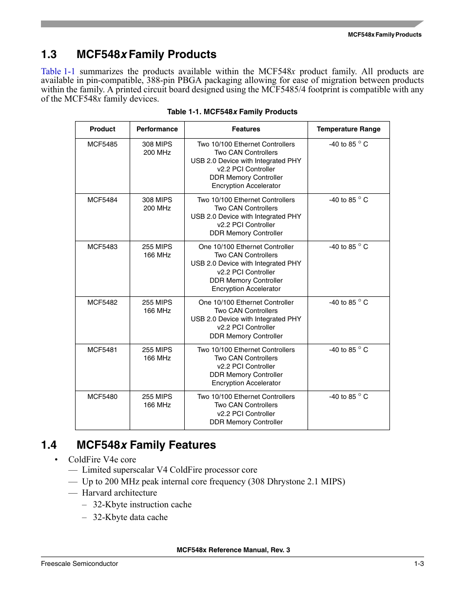 3 mcf548x family products, 4 mcf548x family features, Mcf548x family products -3 | Mcf548x family features -3, 3 mcf548 x, Family products, 4 mcf548 x family features | Freescale Semiconductor MCF5480 User Manual | Page 61 / 1032