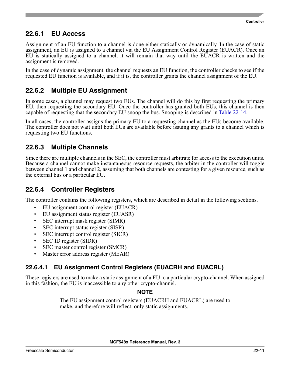 1 eu access, 2 multiple eu assignment, 3 multiple channels | 4 controller registers, Eu access -11, Multiple eu assignment -11, Multiple channels -11, Controller registers -11, P. 22-11 | Freescale Semiconductor MCF5480 User Manual | Page 613 / 1032