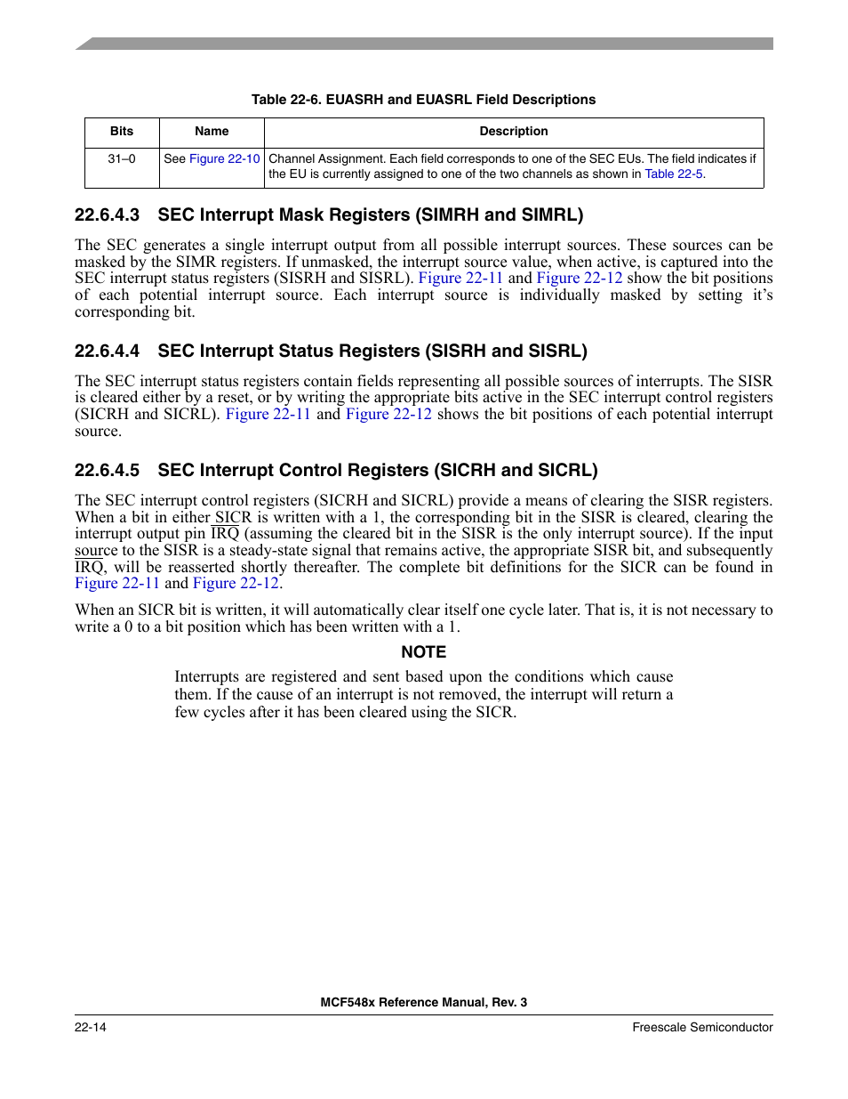 3 sec interrupt mask registers (simrh and simrl), 4 sec interrupt status registers (sisrh and sisrl), Sec interrupt mask registers (simrh and simrl) -14 | P. 22-14 | Freescale Semiconductor MCF5480 User Manual | Page 616 / 1032