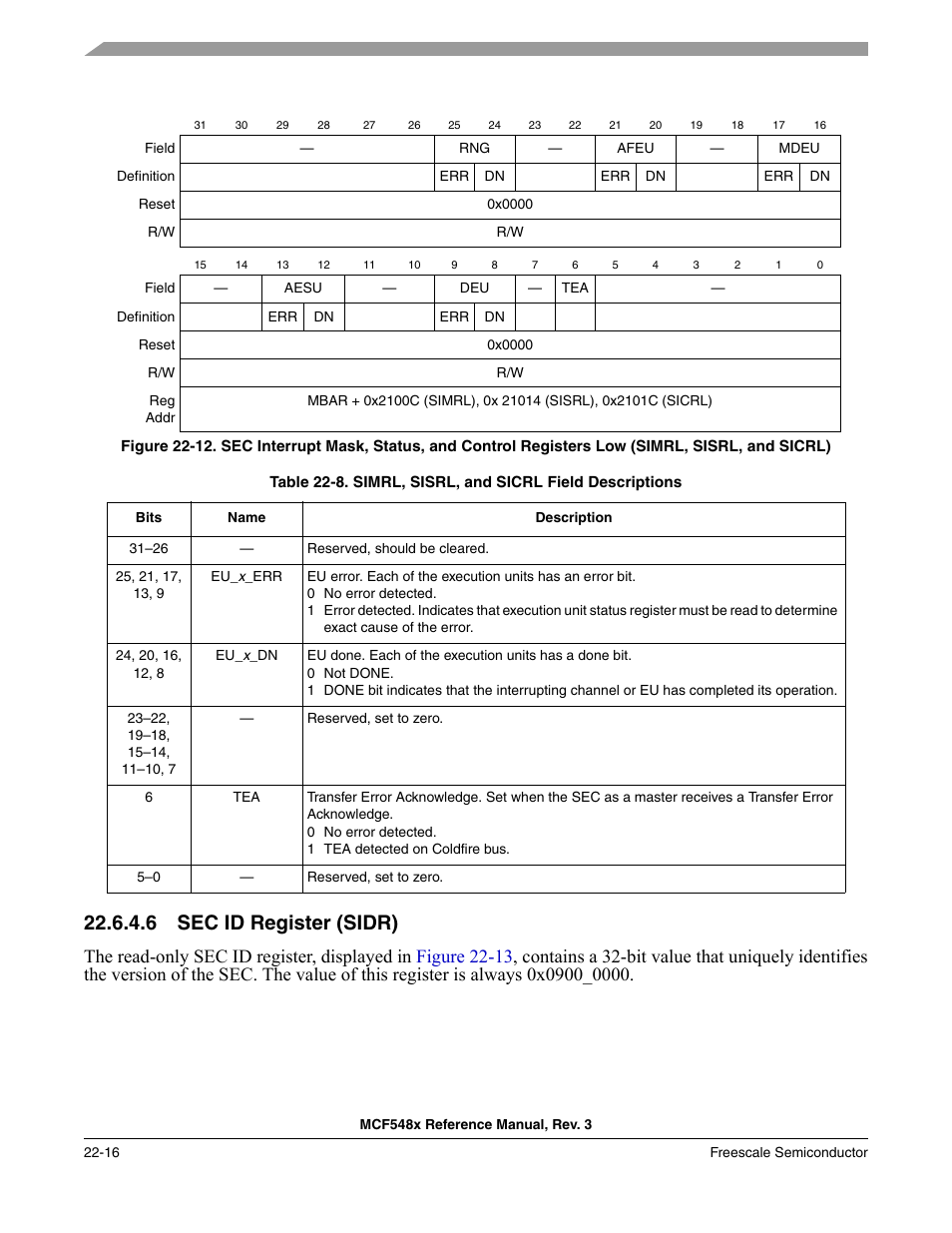 6 sec id register (sidr), Sec id register (sidr) -16, P. 22-16 | Figure 22-12, Show the bit positions | Freescale Semiconductor MCF5480 User Manual | Page 618 / 1032