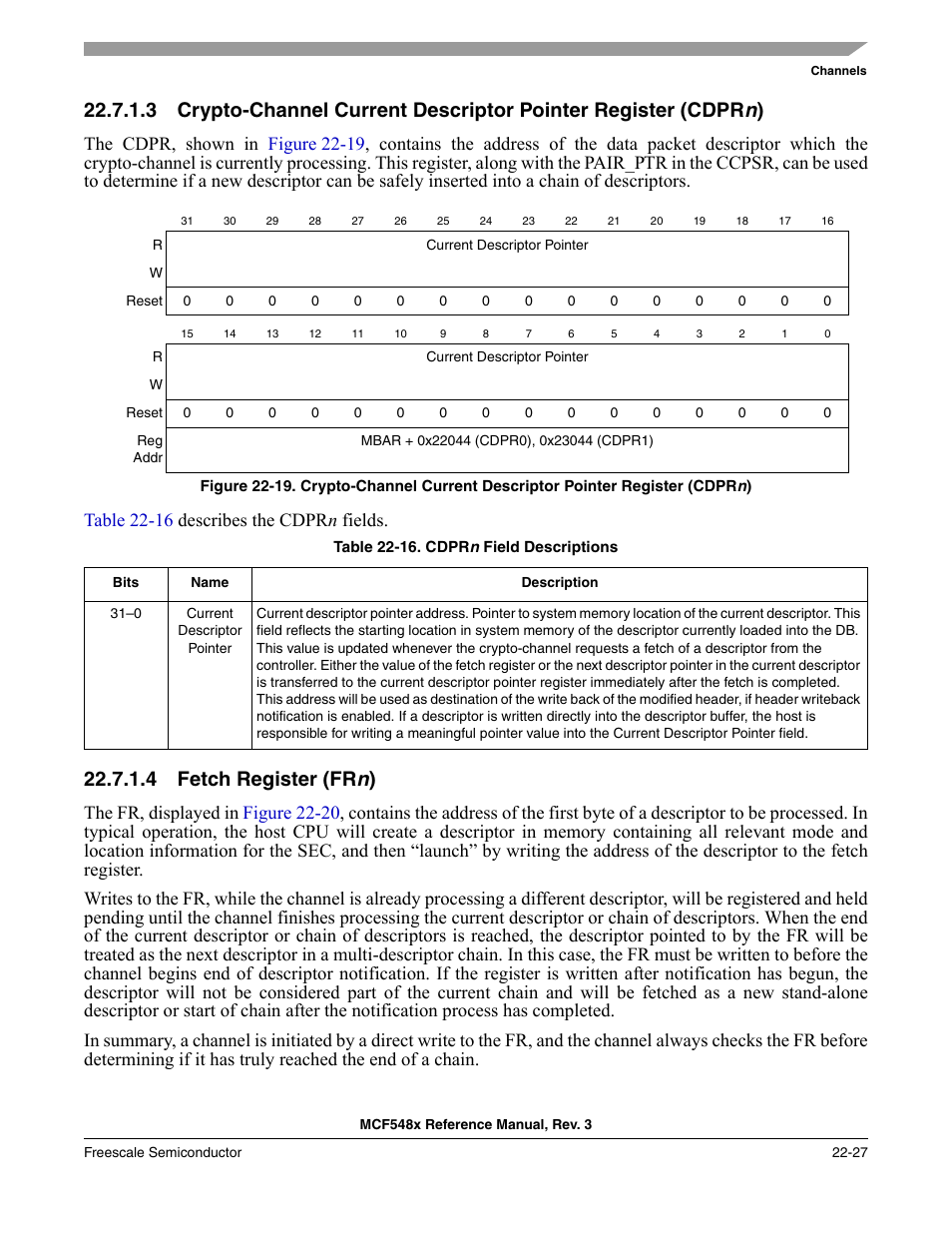 4 fetch register (frn), Fetch register (frn) -27, P. 22-27 | 4 fetch register (fr n ) | Freescale Semiconductor MCF5480 User Manual | Page 629 / 1032