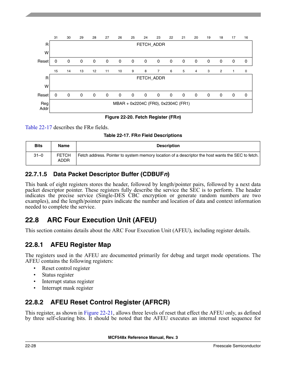 5 data packet descriptor buffer (cdbufn), 8 arc four execution unit (afeu), 1 afeu register map | 2 afeu reset control register (afrcr), Data packet descriptor buffer (cdbufn) -28, Arc four execution unit (afeu) -28, Afeu register map -28, Afeu reset control register (afrcr) -28, P. 22-28, The fr, displayed in | Freescale Semiconductor MCF5480 User Manual | Page 630 / 1032