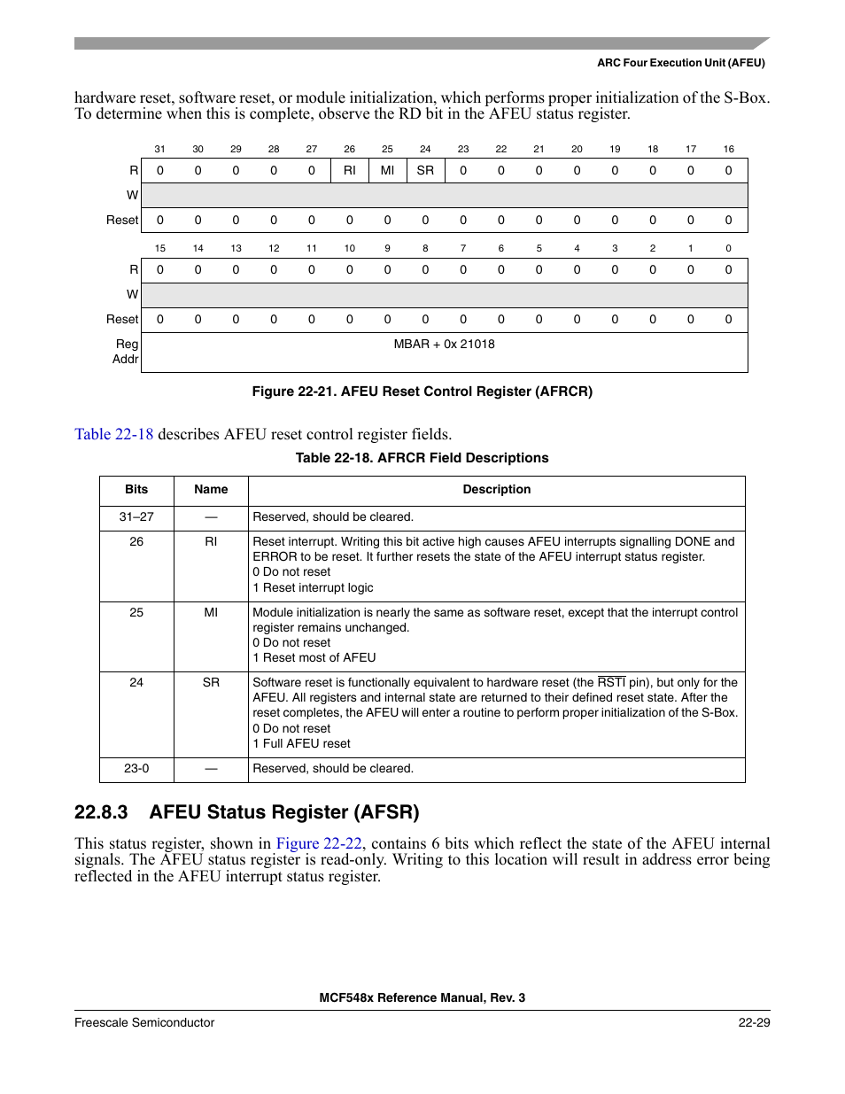 3 afeu status register (afsr), Afeu status register (afsr) -29, P. 22-29 | Freescale Semiconductor MCF5480 User Manual | Page 631 / 1032