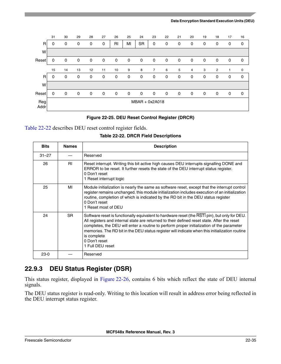 3 deu status register (dsr), Deu status register (dsr) -35, P. 22-35 | Freescale Semiconductor MCF5480 User Manual | Page 637 / 1032
