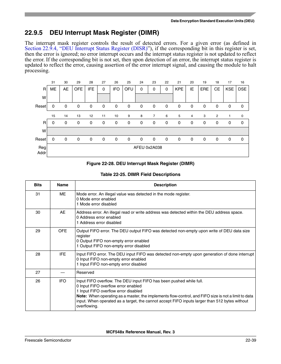 5 deu interrupt mask register (dimr), Deu interrupt mask register (dimr) -39, P. 22-39 | Freescale Semiconductor MCF5480 User Manual | Page 641 / 1032