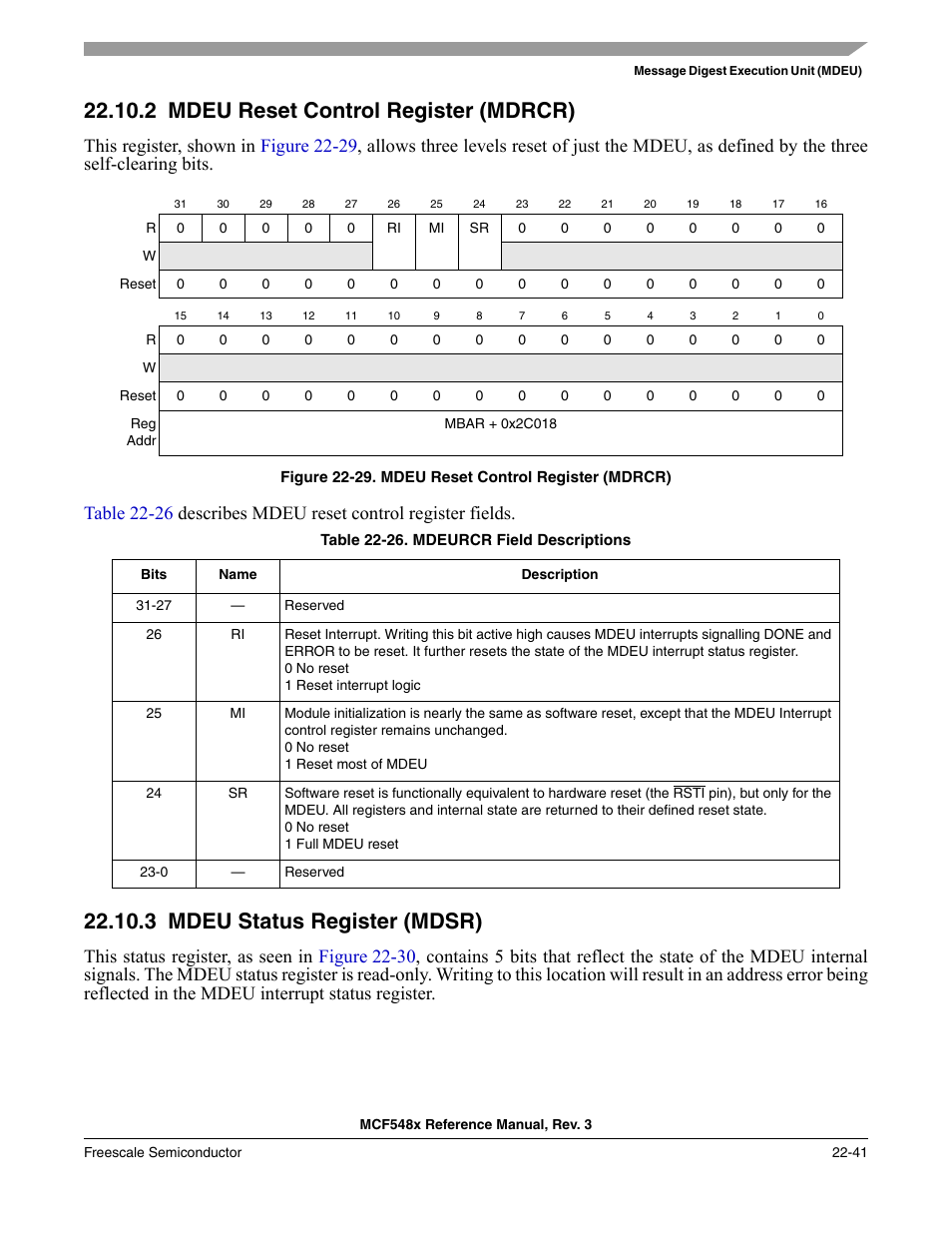 2 mdeu reset control register (mdrcr), 3 mdeu status register (mdsr), Mdeu reset control register (mdrcr) -41 | Mdeu status register (mdsr) -41, P. 22-41 | Freescale Semiconductor MCF5480 User Manual | Page 643 / 1032