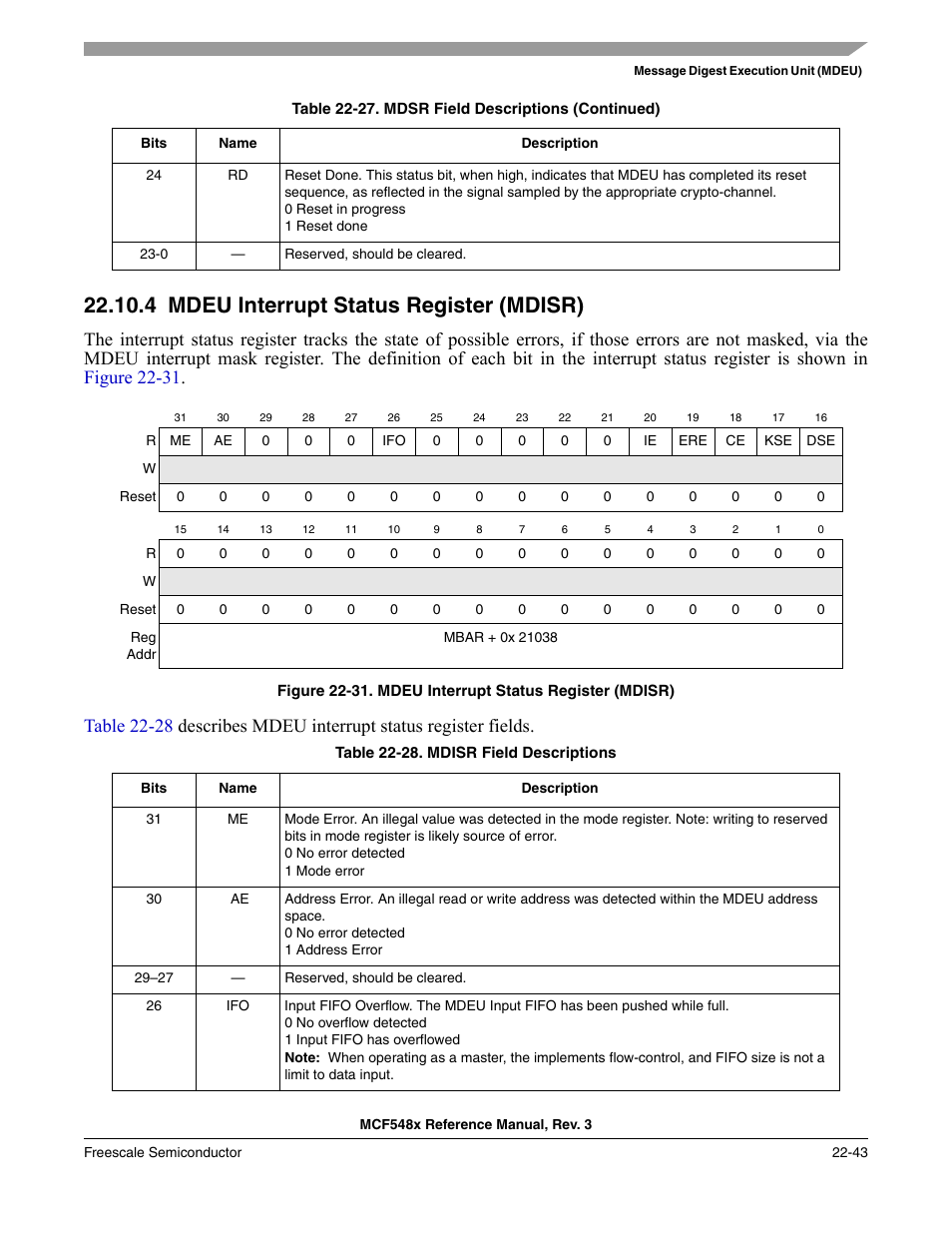 4 mdeu interrupt status register (mdisr), Mdeu interrupt status register (mdisr) -43, P. 22-43 | Freescale Semiconductor MCF5480 User Manual | Page 645 / 1032