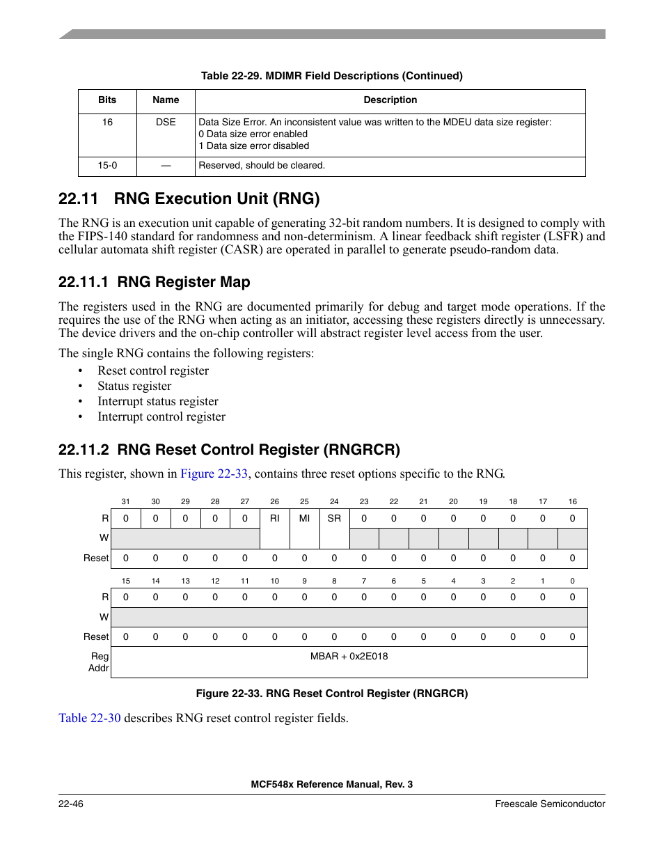 11 rng execution unit (rng), 1 rng register map, 2 rng reset control register (rngrcr) | Rng execution unit (rng) -46, Rng register map -46, Rng reset control register (rngrcr) -46, P. 22-46 | Freescale Semiconductor MCF5480 User Manual | Page 648 / 1032