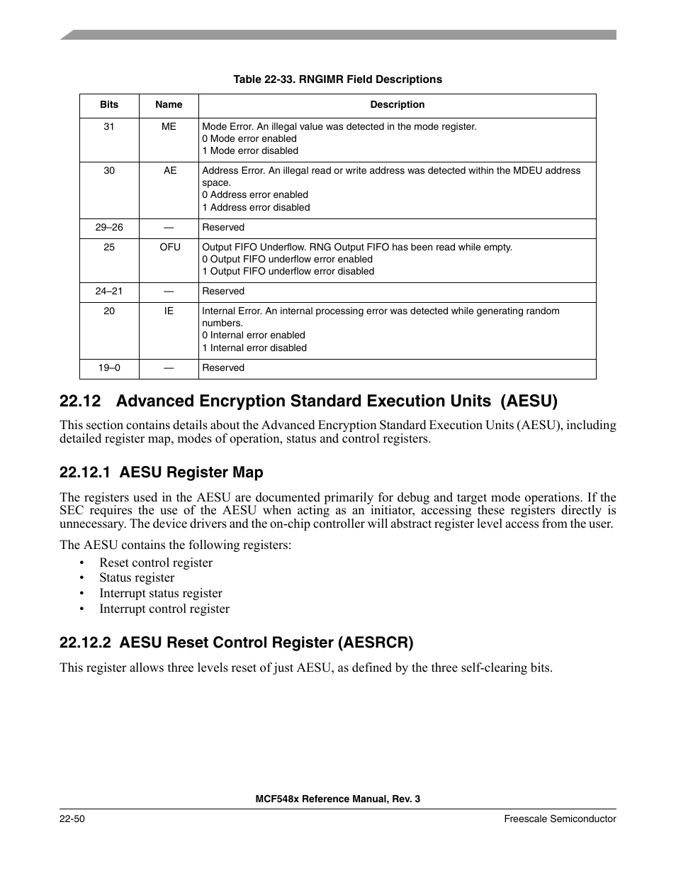 1 aesu register map, 2 aesu reset control register (aesrcr), Aesu register map -50 | Aesu reset control register (aesrcr) -50, P. 22-50, Table 22-33, Describes rng interrupt | Freescale Semiconductor MCF5480 User Manual | Page 652 / 1032
