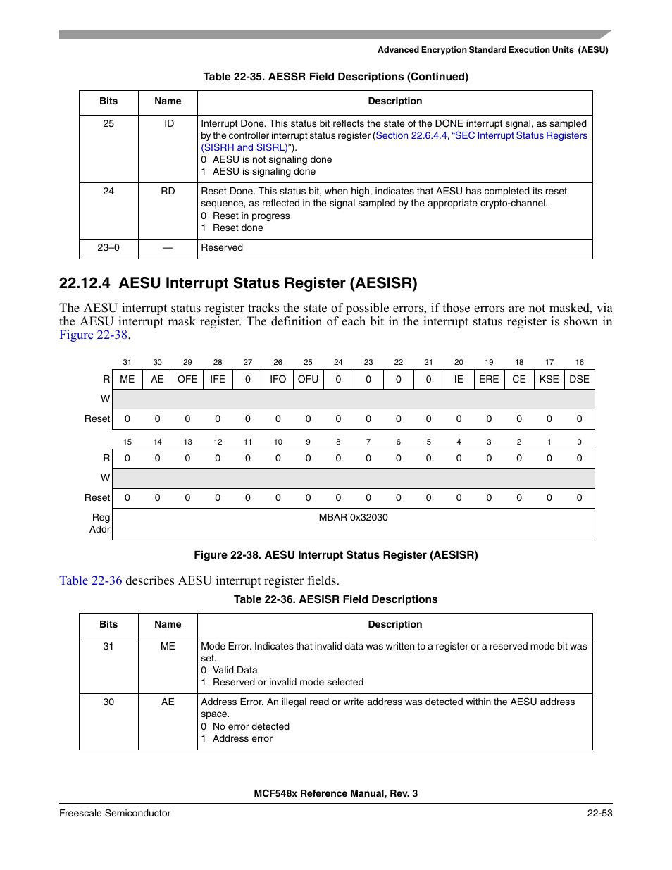 4 aesu interrupt status register (aesisr), Aesu interrupt status register (aesisr) -53, P. 22-53 | Freescale Semiconductor MCF5480 User Manual | Page 655 / 1032